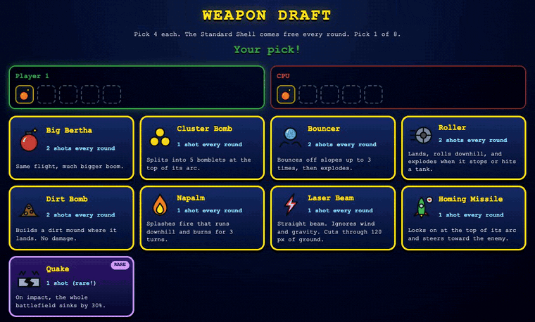 Animated GIF of the weapon draft screen. Player 1 takes Cluster, Big Bertha, Bouncer and a rare Quake while the CPU takes Homing, Roller and Napalm, with PLAYER 1 and CPU stamps landing on the cards and both trays filling up.