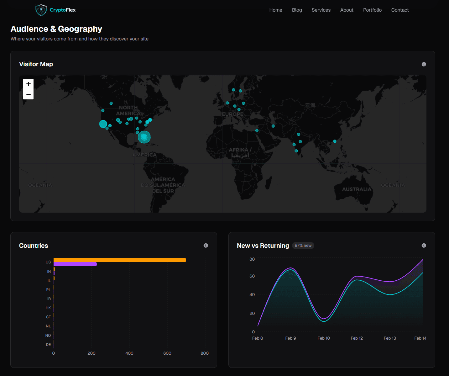 Audience section showing the visitor world map, countries breakdown, and new vs. returning visitors