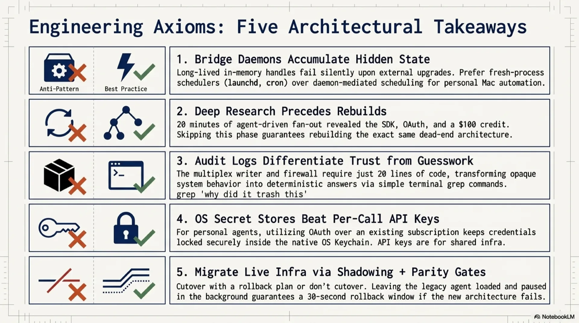 Slide titled 'Lessons learned'. Four cards laid out left to right: 1. Bridge daemons accumulate hidden state and silently fail (your scheduler should not have an in-memory CLI handle). 2. Research before rebuild (twenty minutes of agent fan-out can save a week of building the wrong thing). 3. Audit logs are the difference between an agent you trust and one you guess at (multiplex writer, body content firewall, three sinks). 4. Shadow plus parity is the cheapest insurance against a bad cutover (the gate paid for itself in run one).