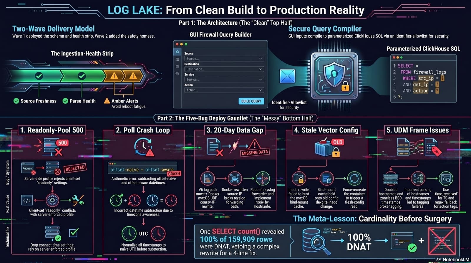 LOG LAKE panel build, branded NotebookLM infographic. Two halves. Top half is the clean architecture (ingestion-health strip, GUI query builder, identifier-allowlist compiler, parameterized ClickHouse SQL). Bottom half is the five-bug deploy gauntlet (readonly-pool 500, poll crash loop, 20-day Pi-hole gap, stale Vector config, UDM doubled-hostname frame). Closes with the meta-lesson, one SELECT count() that revealed 100% of 159,909 rows were DNAT and vetoed a complex rewrite in favor of a four-line MV recreation.