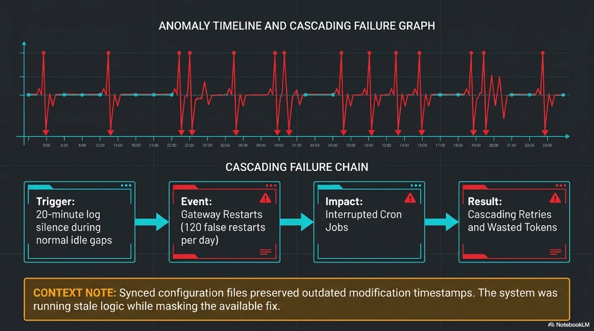 An anomaly timeline of repeated restart spikes above a four-step cascading failure chain. Step one, Trigger: 20-minute log silence during normal idle gaps. Step two, Event: gateway restarts at 120 false restarts per day. Step three, Impact: interrupted cron jobs. Step four, Result: cascading retries and wasted tokens. Context note: synced configuration files preserved outdated modification timestamps, so the system ran stale logic while masking the available fix.