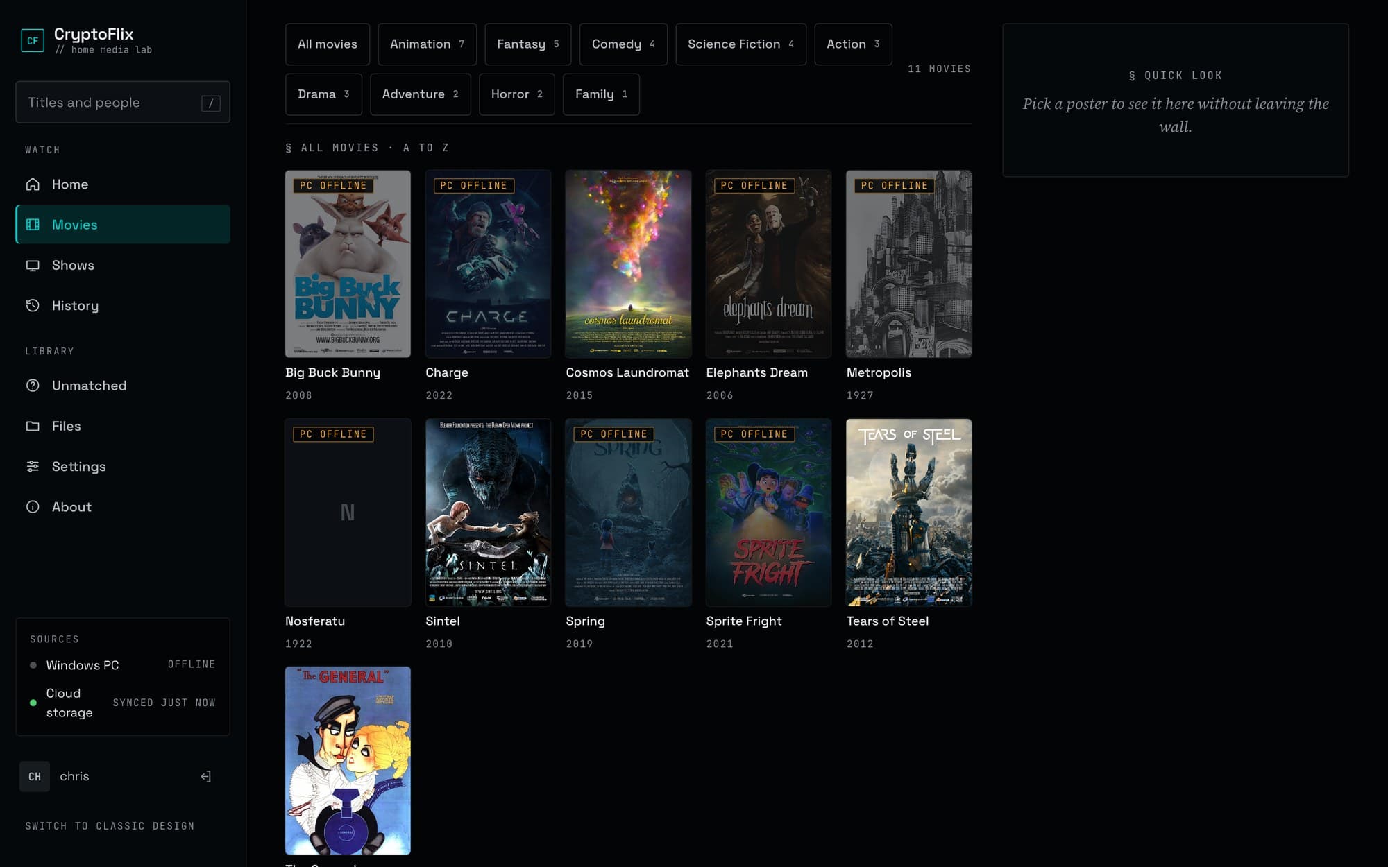 The Movies wall with the PC offline. PC-only titles are dimmed and badged PC OFFLINE, cloud copies stay playable, and the Sources panel shows Windows PC offline and Cloud storage synced.