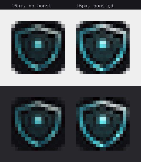 Side by side 16 pixel favicon tiles on light and dark strips, the left set dim and muddy, the right set boosted and legible
