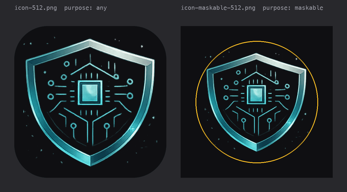 Two square PWA icons side by side, one rounded for standard use and one full bleed for maskable use, with an amber circle marking the safe zone