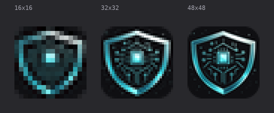 Three favicon frames extracted from the shipped ICO file at 16, 32, and 48 pixels, each upscaled for clarity