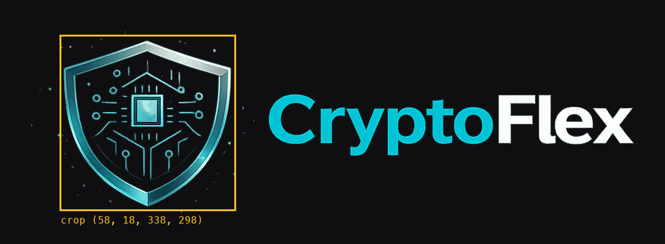 The CryptoFlex wordmark on a dark background with an amber crop box drawn around just the shield mark