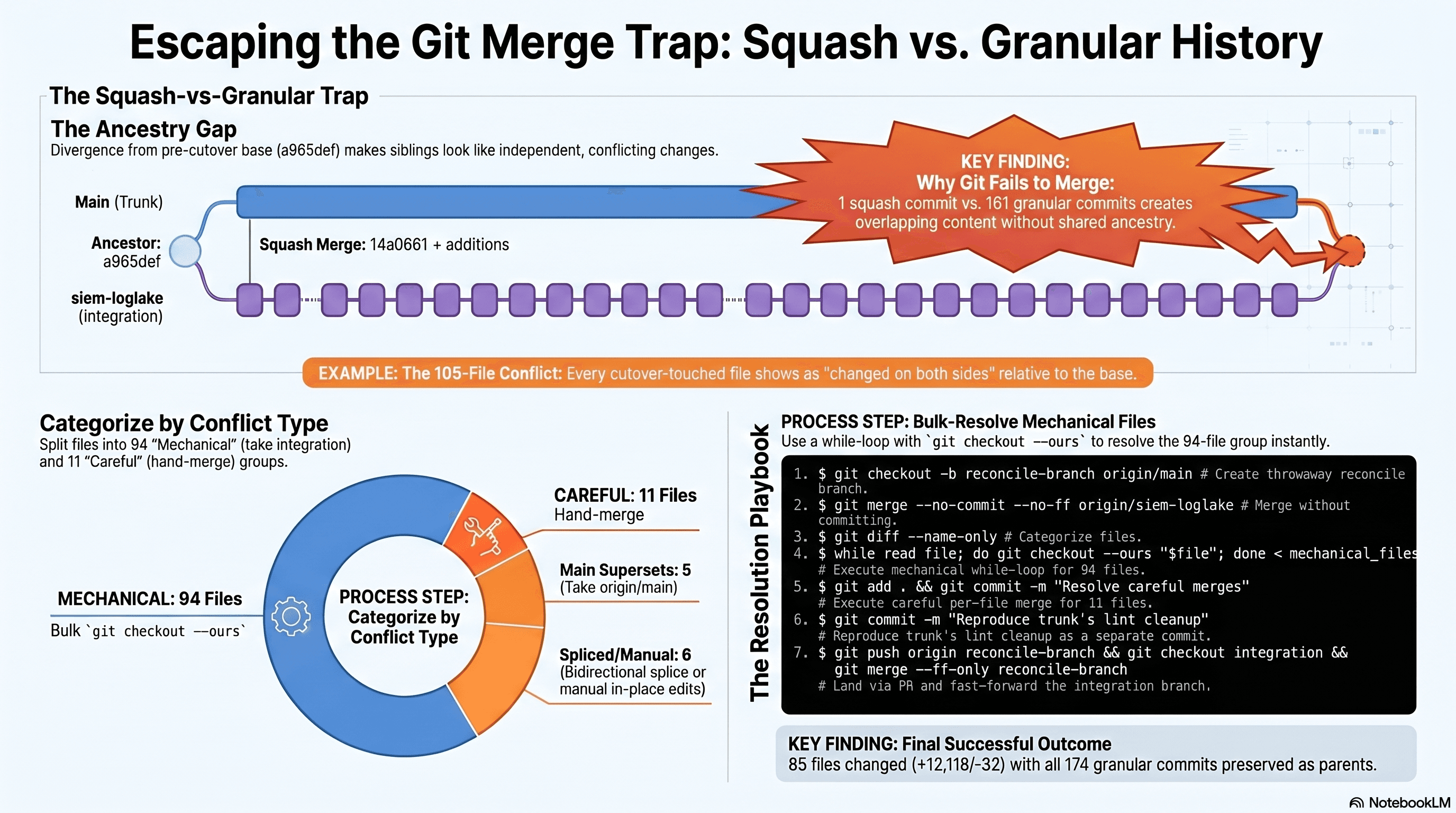 Squash-vs-granular merge trap, branded NotebookLM infographic. Top panel is the ancestry gap, with main carrying the cutover as one squash commit (14a0661) and the integration branch carrying it as 161 granular commits, both descended from the pre-cutover base a965def. Middle panel is the categorization donut splitting 105 conflicted files into 94 mechanical (bulk git checkout --ours) and 11 careful (5 main supersets, 6 spliced or in-place edits). Bottom panel is the resolution playbook in numbered git commands and the final outcome, 85 files changed (+12,118/-32) with all 174 granular commits preserved as parents.