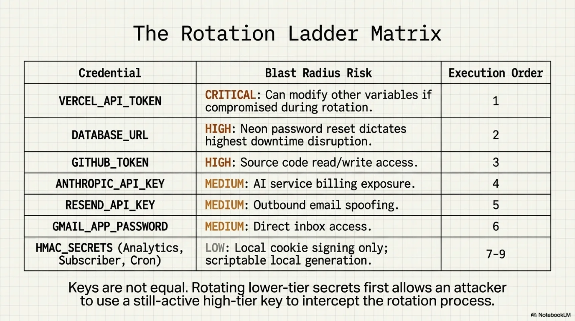 Slide: The Rotation Ladder Matrix. A seven-row table pairing each credential with its blast radius risk and execution order. VERCEL_API_TOKEN is flagged CRITICAL because it can modify other variables if compromised during rotation, execution order 1. DATABASE_URL is HIGH due to Neon password reset dictating highest downtime disruption, order 2. GITHUB_TOKEN is HIGH for source code read/write access, order 3. ANTHROPIC_API_KEY is MEDIUM for AI service billing exposure, order 4. RESEND_API_KEY is MEDIUM for outbound email spoofing, order 5. GMAIL_APP_PASSWORD is MEDIUM for direct inbox access, order 6. The three HMAC secrets (Analytics, Subscriber, Cron) are LOW because they are local cookie signing only and scriptable, orders 7 through 9. Footer: keys are not equal. Rotating lower-tier secrets first allows an attacker to use a still-active high-tier key to intercept the rotation process.