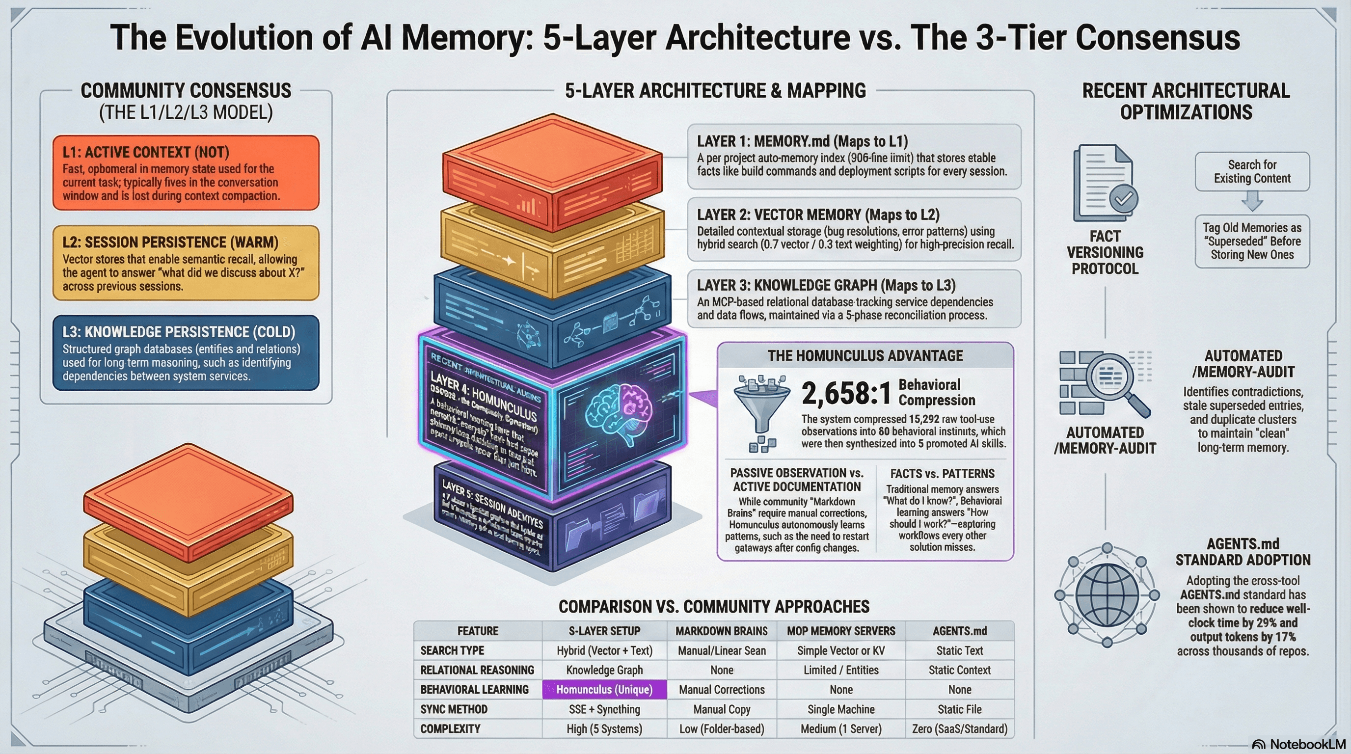 5-layer memory architecture vs. community approaches — comparison infographic