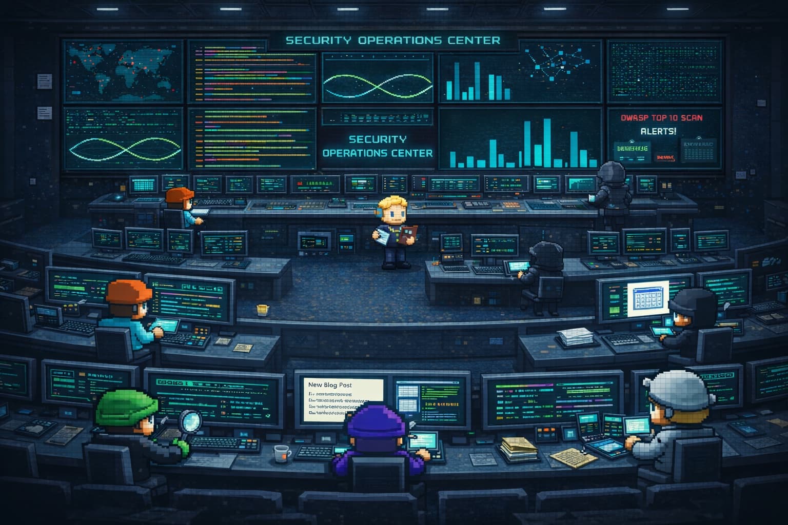Mission Control: pixel-art SOC dashboard hero view