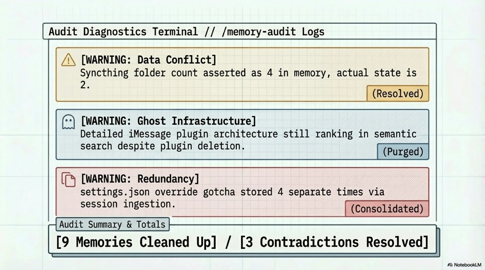 memory-audit first run: 3 contradictions resolved, 9 memories cleaned up
